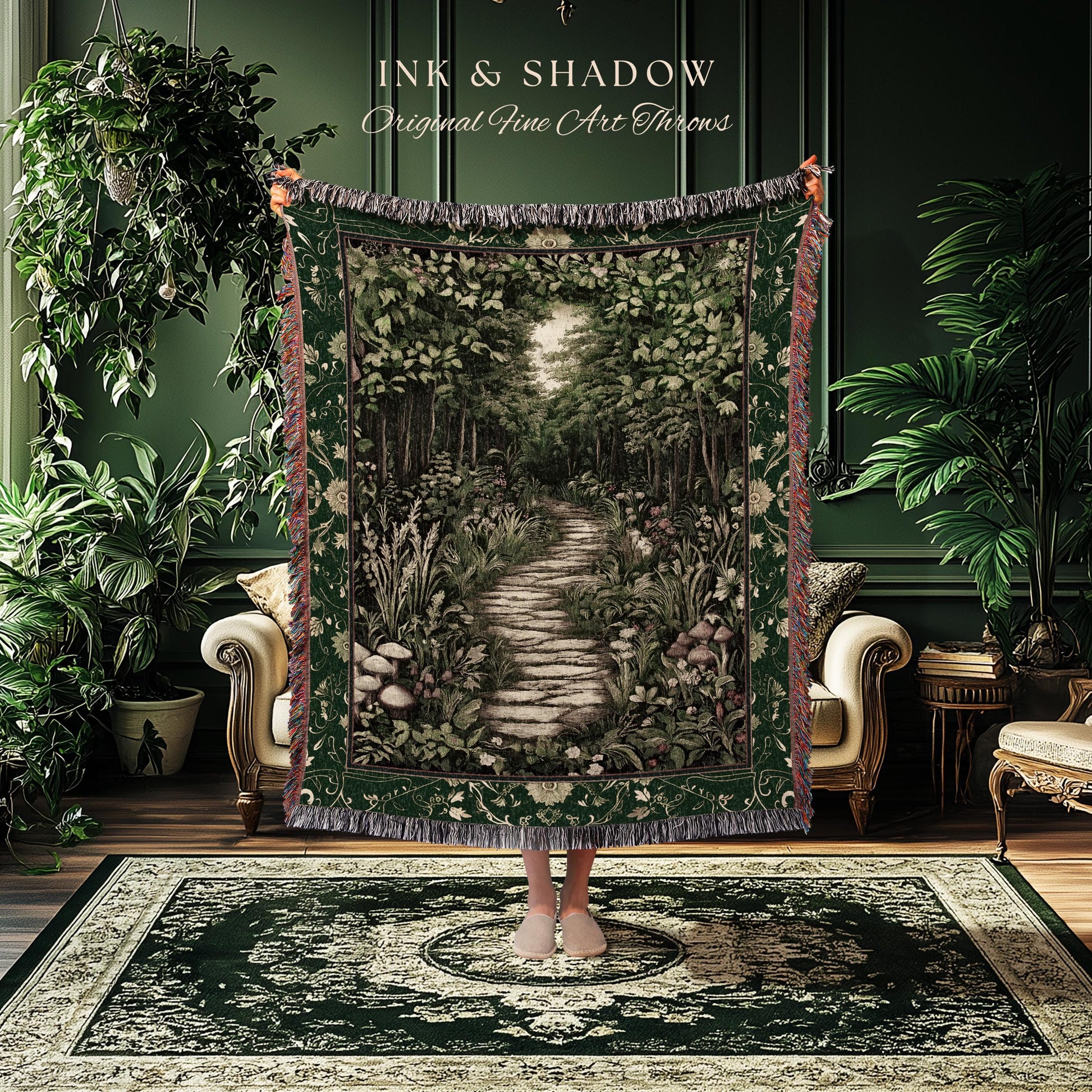 Ethereal Woodland Meadow Tapestry | Dark Academia Folklore Fairy Core Aesthetic Blanket Magical Bedroom Emerald Green Home Decor Botanical