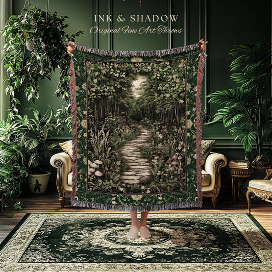 Ethereal Woodland Meadow Tapestry | Dark Academia Folklore Fairy Core Aesthetic Blanket Magical Bedroom Emerald Green Home Decor Botanical
