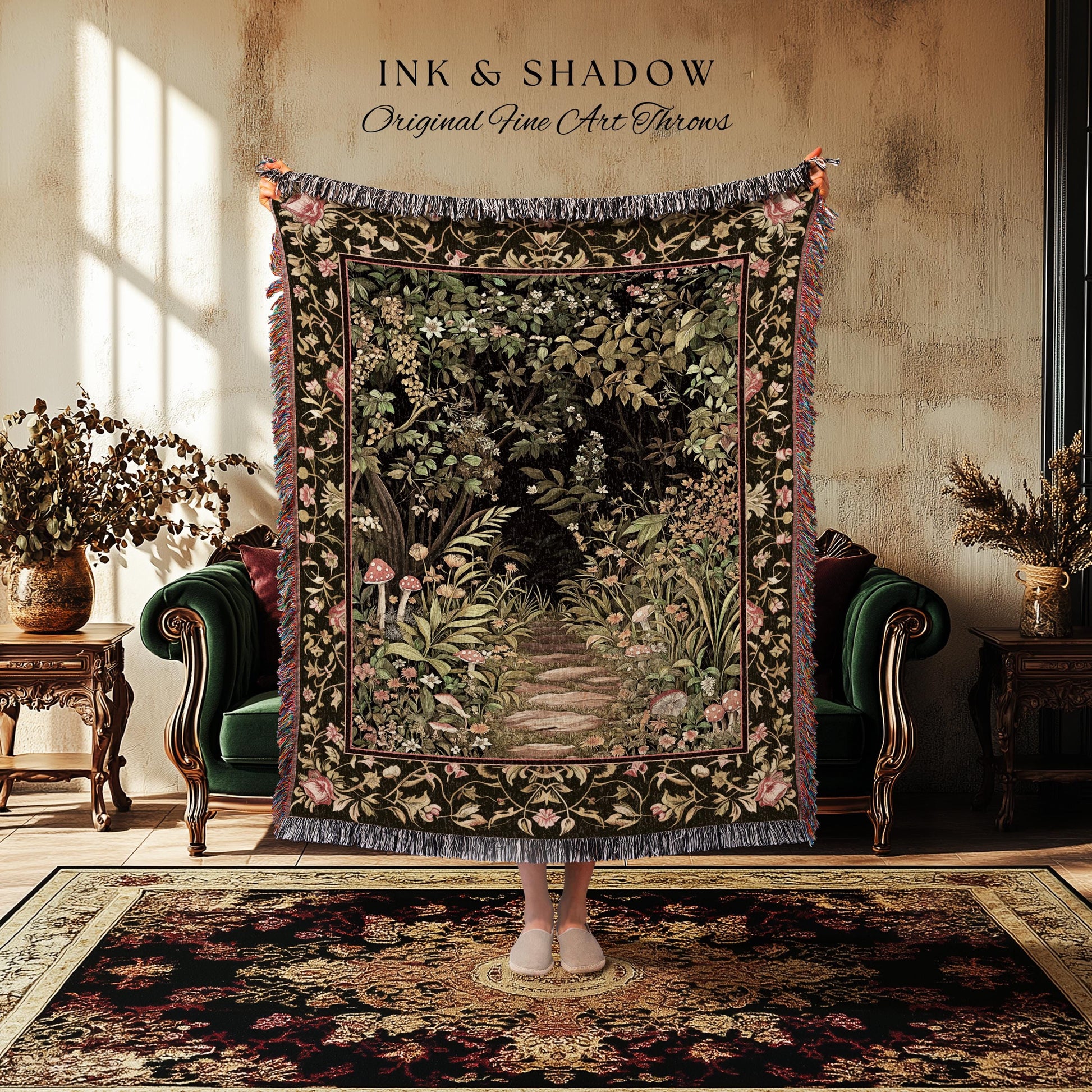 Toadstool Forest Mystical Mushroom Blanket | Dark Academia Folklore Forest Inspired Fairycore Botanical Aesthetic Tapestry Magical Medieval