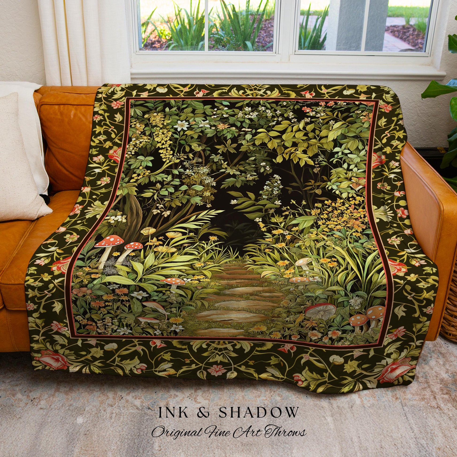 Toadstool Forest Mystical Mushroom Blanket | Dark Academia Folklore Forest Inspired Fairycore Botanical Aesthetic Tapestry Magical Medieval