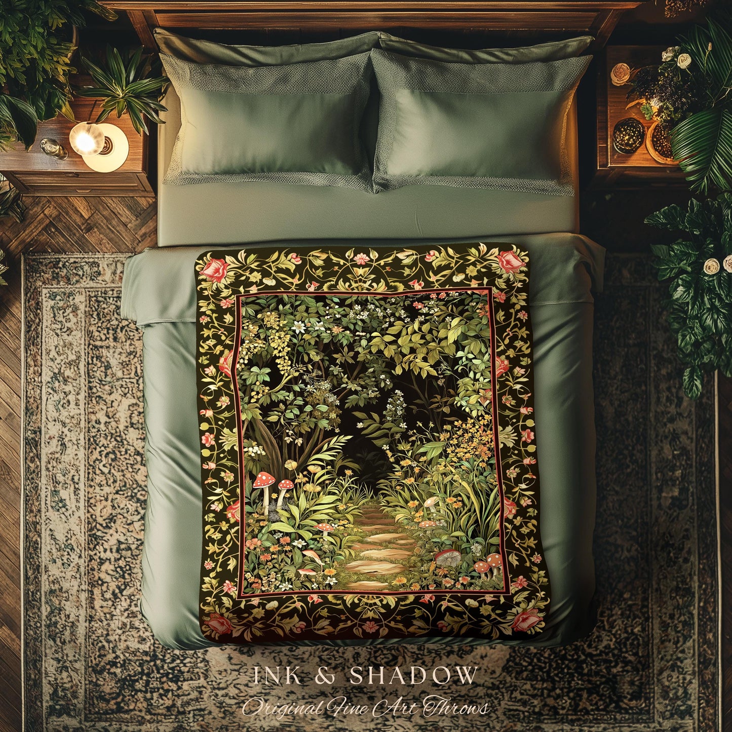Toadstool Forest Mystical Mushroom Blanket | Dark Academia Folklore Forest Inspired Fairycore Botanical Aesthetic Tapestry Magical Medieval