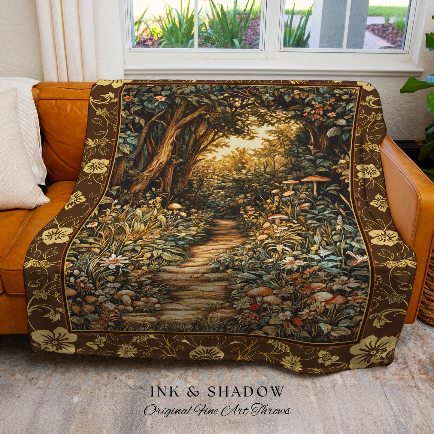 Mushroom Forest Magical Woodland Tapestry Blanket Ethereal Mystic Academia, Vintage Folklore Art Forest Fairycore Whimsigoth Medieval Throw