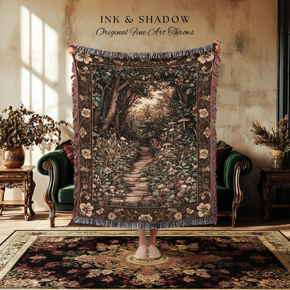 Mushroom Forest Magical Woodland Tapestry Blanket Ethereal Mystic Academia, Vintage Folklore Art Forest Fairycore Whimsigoth Medieval Throw