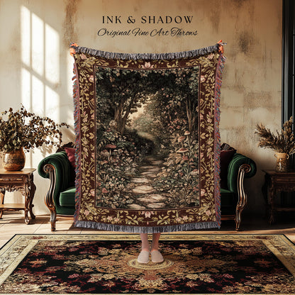 Fairy Ethereal Forest Tapestry Blanket Mystic Dark Academia Folklore Inspired, Magical Medieval Forestcore Botanical Woodland Woven Throw