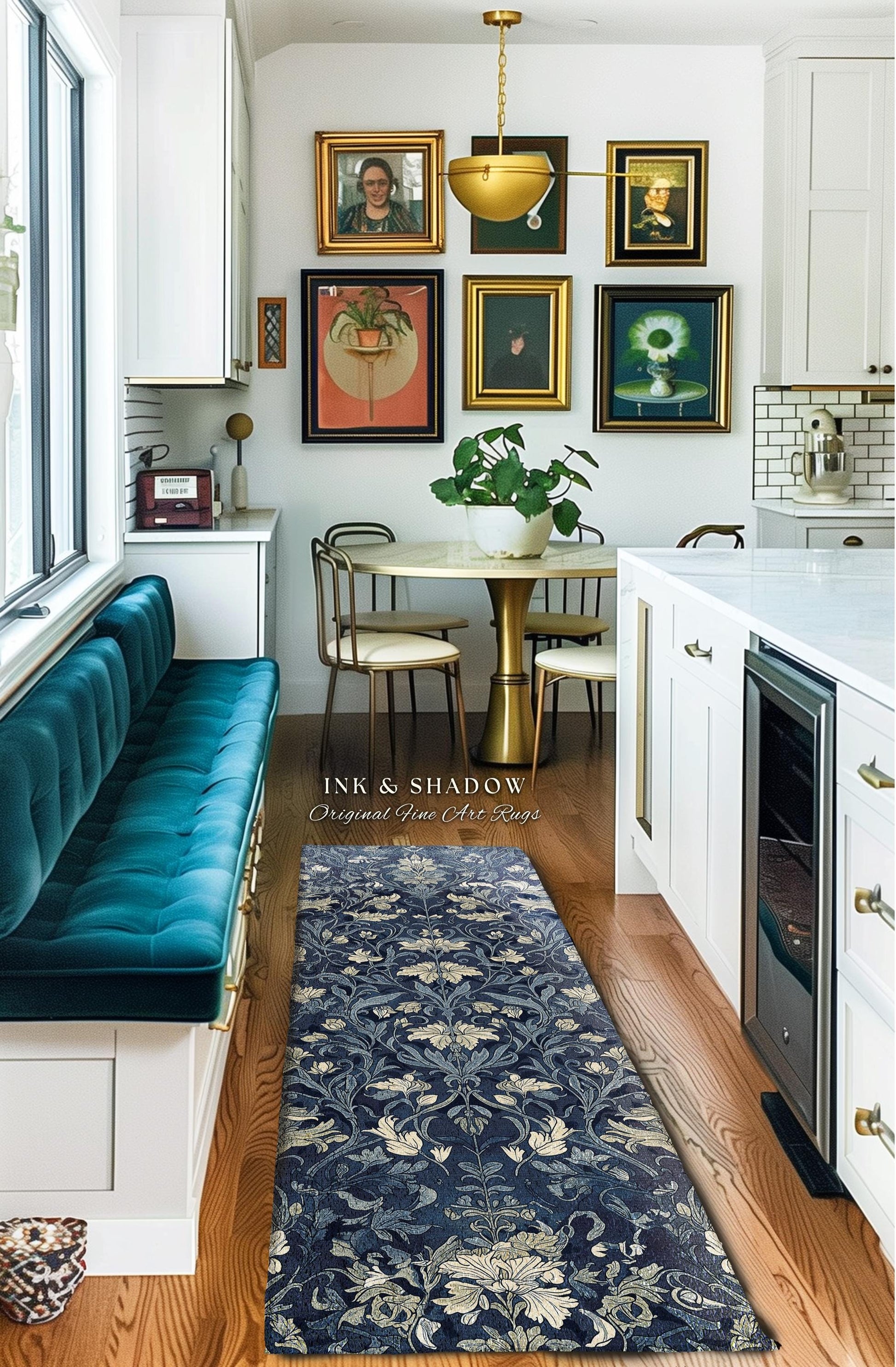 Vintage Navy Dusty Blue Rustic Floral Hallway Rug, Dark Cottagecore Decor Botanical Accent Art Nouveau Garden Aesthetic Entryway Runner Rug