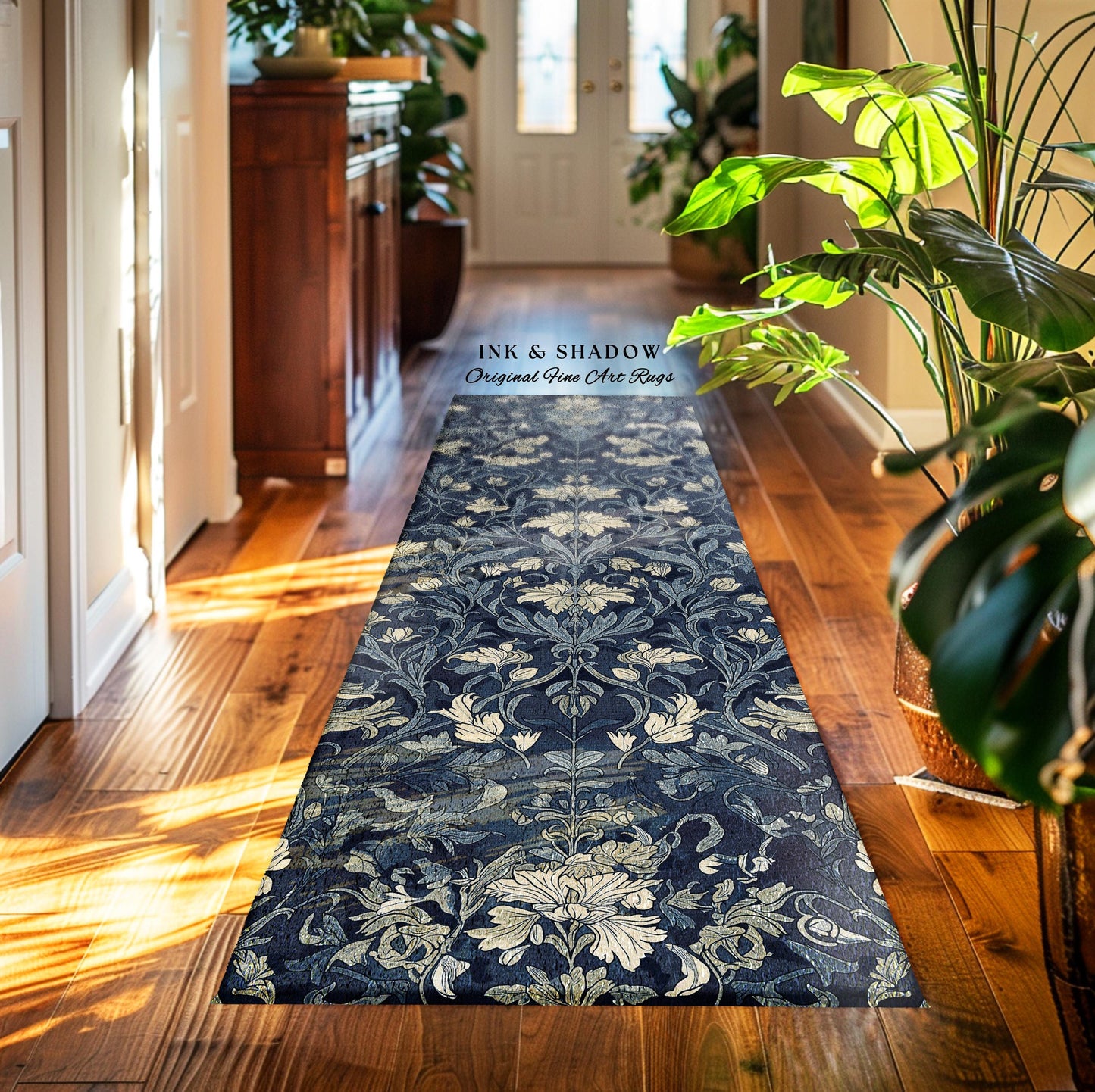 Vintage Navy Dusty Blue Rustic Floral Hallway Rug, Dark Cottagecore Decor Botanical Accent Art Nouveau Garden Aesthetic Entryway Runner Rug