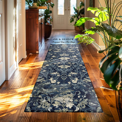 Vintage Navy Dusty Blue Rustic Floral Hallway Rug, Dark Cottagecore Decor Botanical Accent Art Nouveau Garden Aesthetic Entryway Runner Rug