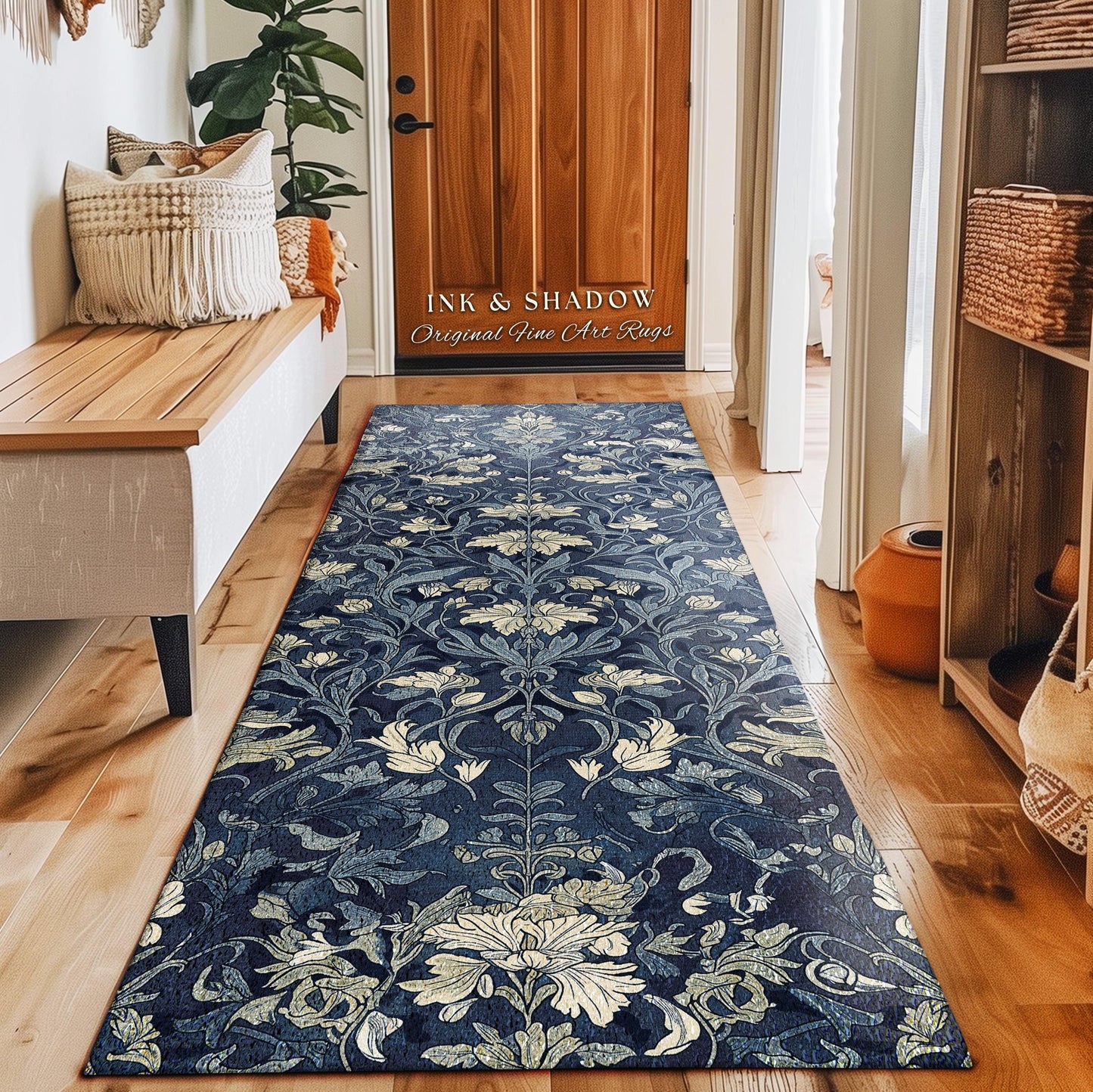 Vintage Navy Dusty Blue Rustic Floral Hallway Rug, Dark Cottagecore Decor Botanical Accent Art Nouveau Garden Aesthetic Entryway Runner Rug