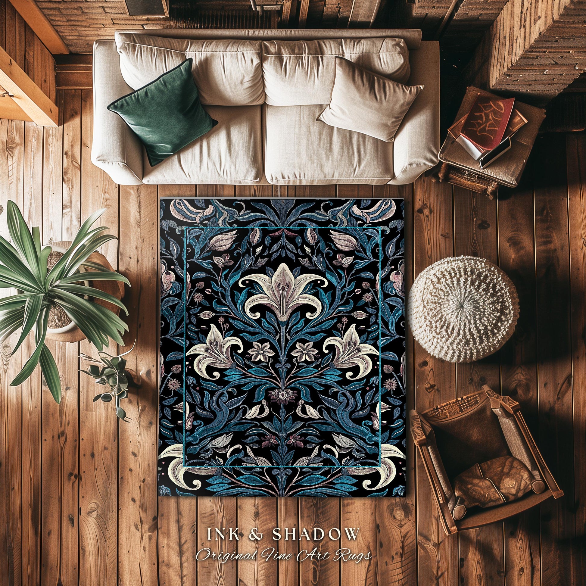 Victorian Gothic Lily Flower Runner Jewel Tones Entryway Rug, Indigo Blue Art Nouveau Floral Home Decor Whimsical Botanical Statement Piece