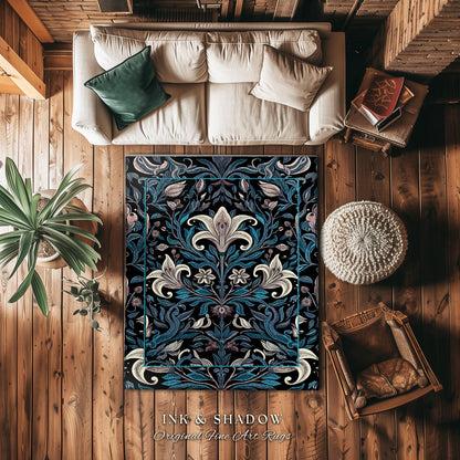 Victorian Gothic Lily Flower Runner Jewel Tones Entryway Rug, Indigo Blue Art Nouveau Floral Home Decor Whimsical Botanical Statement Piece