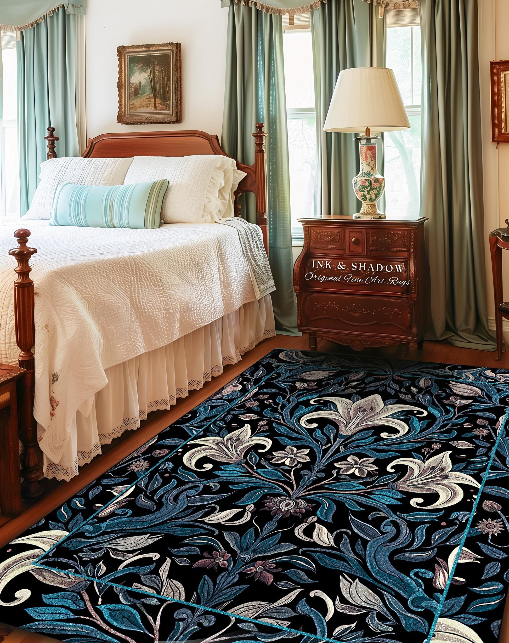 Victorian Gothic Lily Flower Runner Jewel Tones Entryway Rug, Indigo Blue Art Nouveau Floral Home Decor Whimsical Botanical Statement Piece