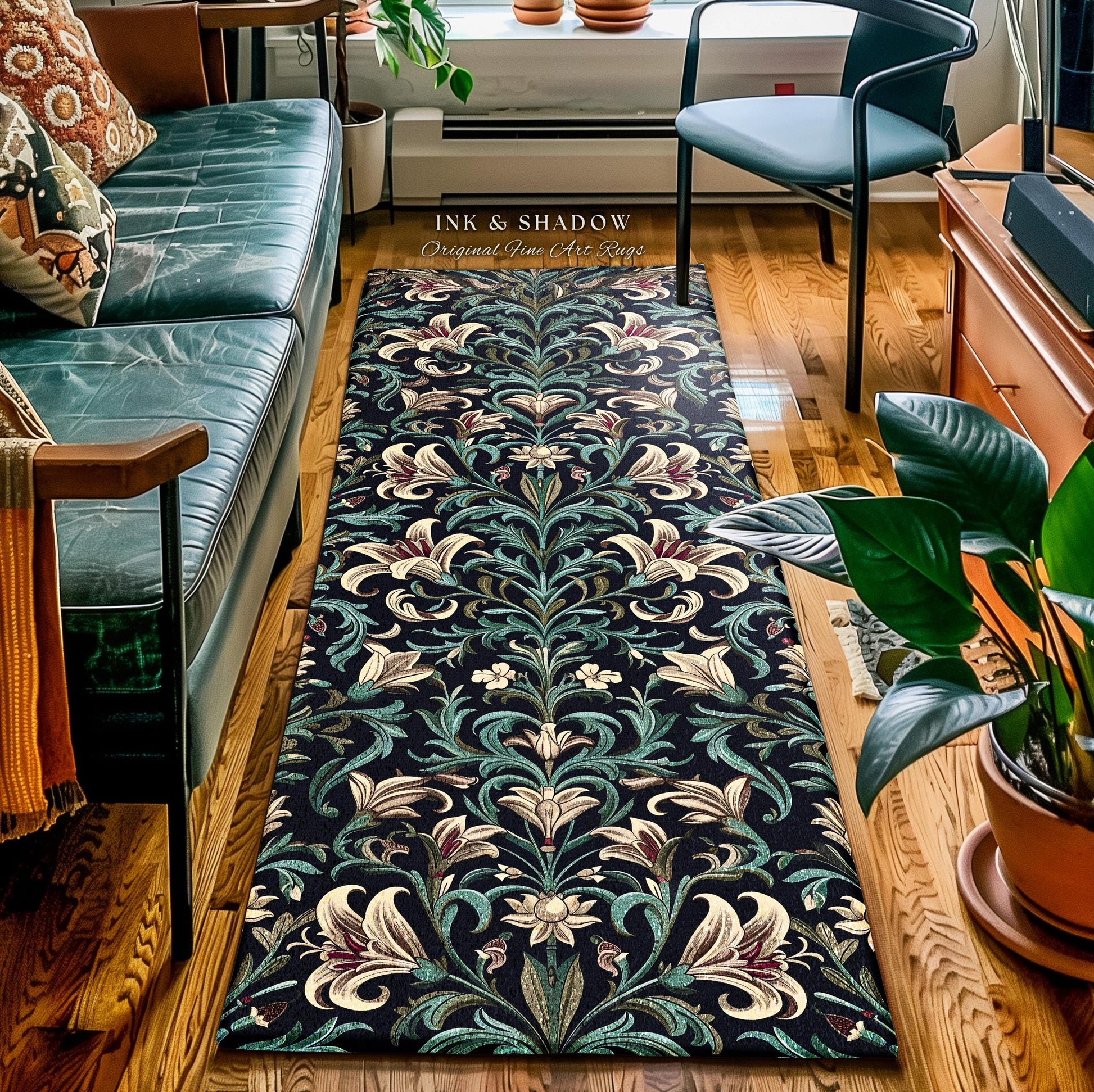 Enchanted Teal Botanical Lily Flowers Runner Rug | Art Nouveau Floral Folk Art Entryway Accent Cottage Garden Inspired Dark Academia Decor