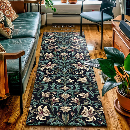 Enchanted Teal Botanical Lily Flowers Runner Rug | Art Nouveau Floral Folk Art Entryway Accent Cottage Garden Inspired Dark Academia Decor