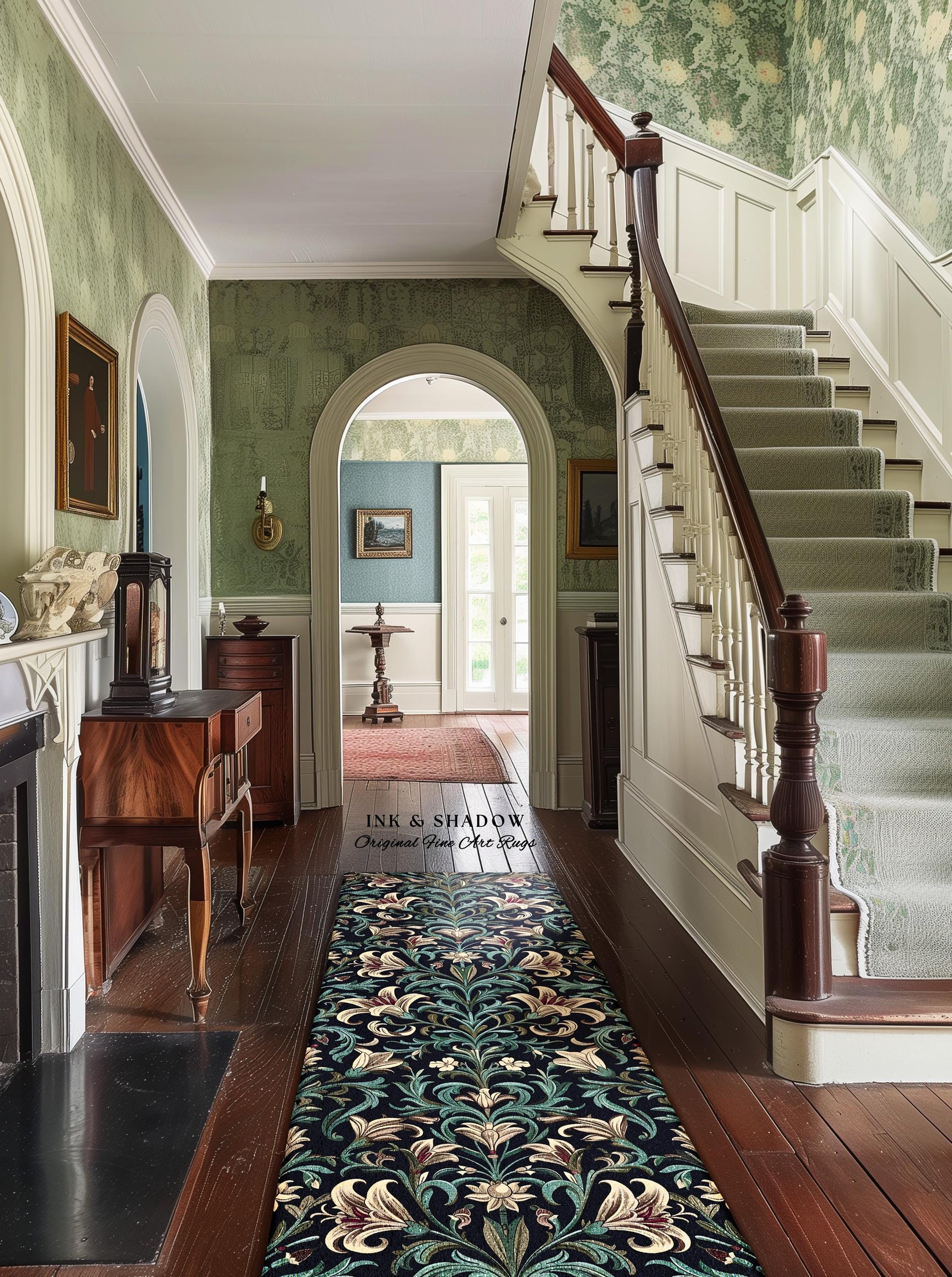Enchanted Teal Botanical Lily Flowers Runner Rug | Art Nouveau Floral Folk Art Entryway Accent Cottage Garden Inspired Dark Academia Decor