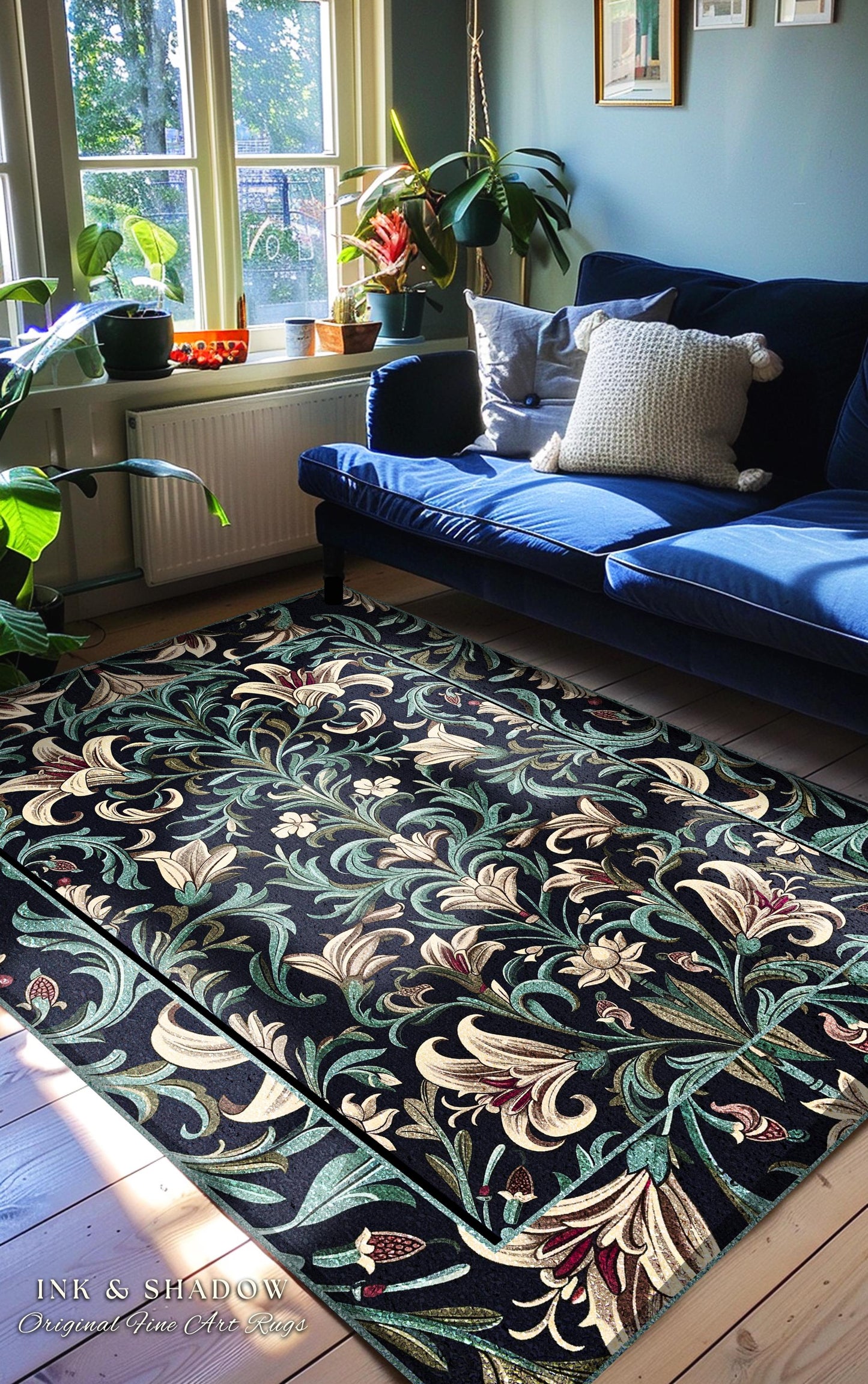 Enchanted Teal Botanical Lily Flowers Runner Rug | Art Nouveau Floral Folk Art Entryway Accent Cottage Garden Inspired Dark Academia Decor