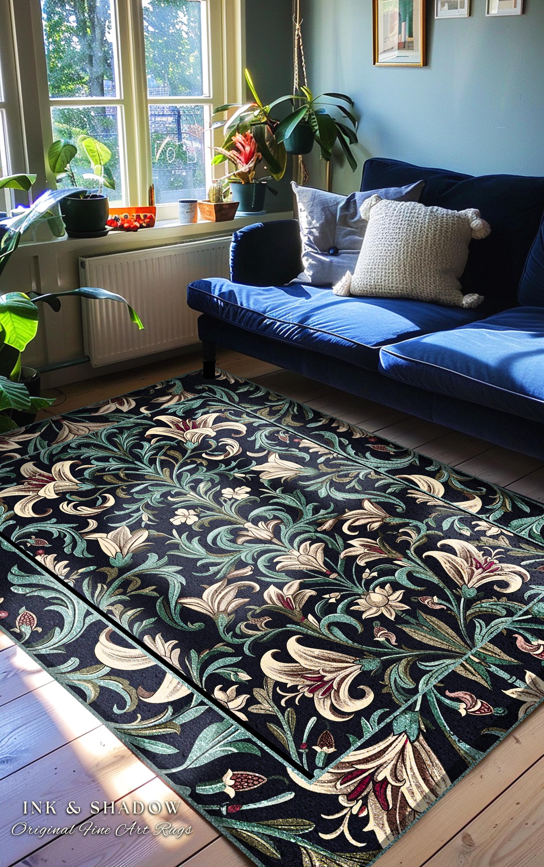 Enchanted Teal Botanical Lily Flowers Runner Rug | Art Nouveau Floral Folk Art Entryway Accent Cottage Garden Inspired Dark Academia Decor