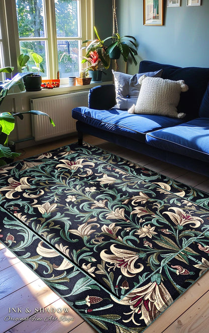 Enchanted Teal Botanical Lily Flowers Runner Rug | Art Nouveau Floral Folk Art Entryway Accent Cottage Garden Inspired Dark Academia Decor