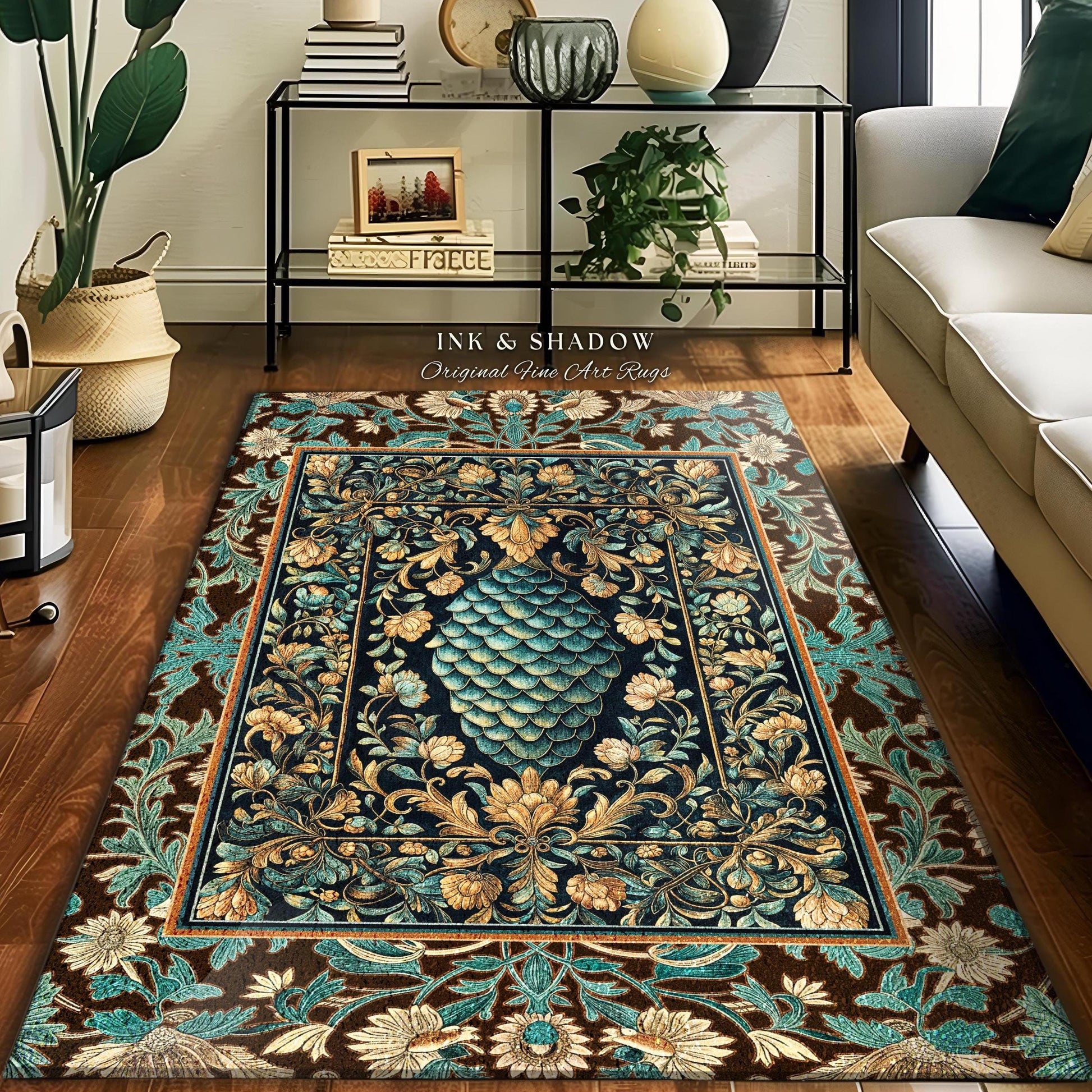 Soft Teal Castlecore Area Rug | Fairy Pastel Ornate Gothic Dragon Scale Fantasy Home Accent Rug Rustic Knightcore Medieval Victorian Decor |