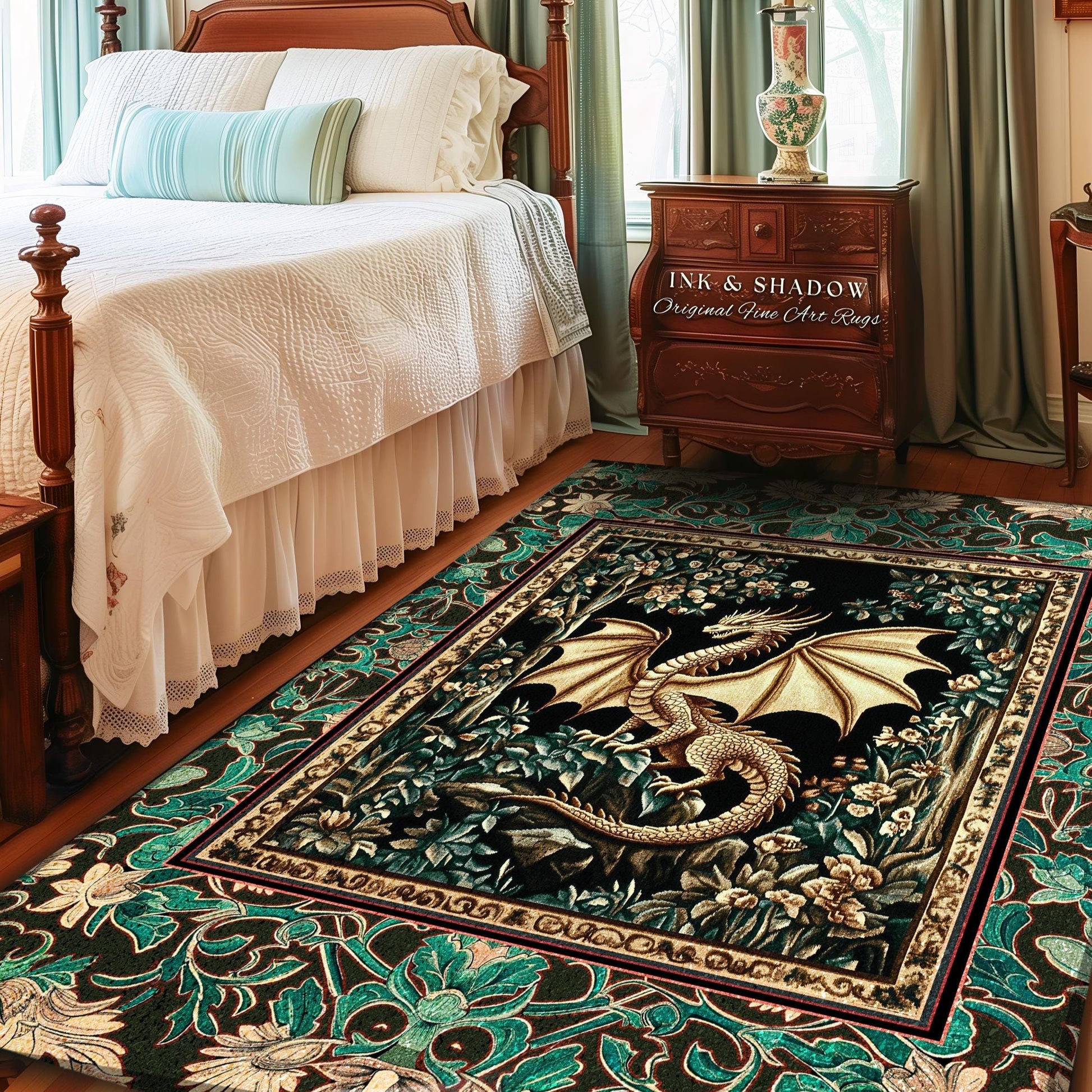 Royal Elegance Floral Medieval Area Rug | Mystic Woods Golden Chinese Dragon Reading Corner Moody Home Accent Rug Bedroom Dark Cottagecore