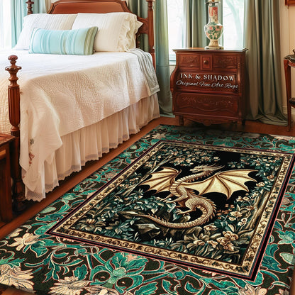 Royal Elegance Floral Medieval Area Rug | Mystic Woods Golden Chinese Dragon Reading Corner Moody Home Accent Rug Bedroom Dark Cottagecore