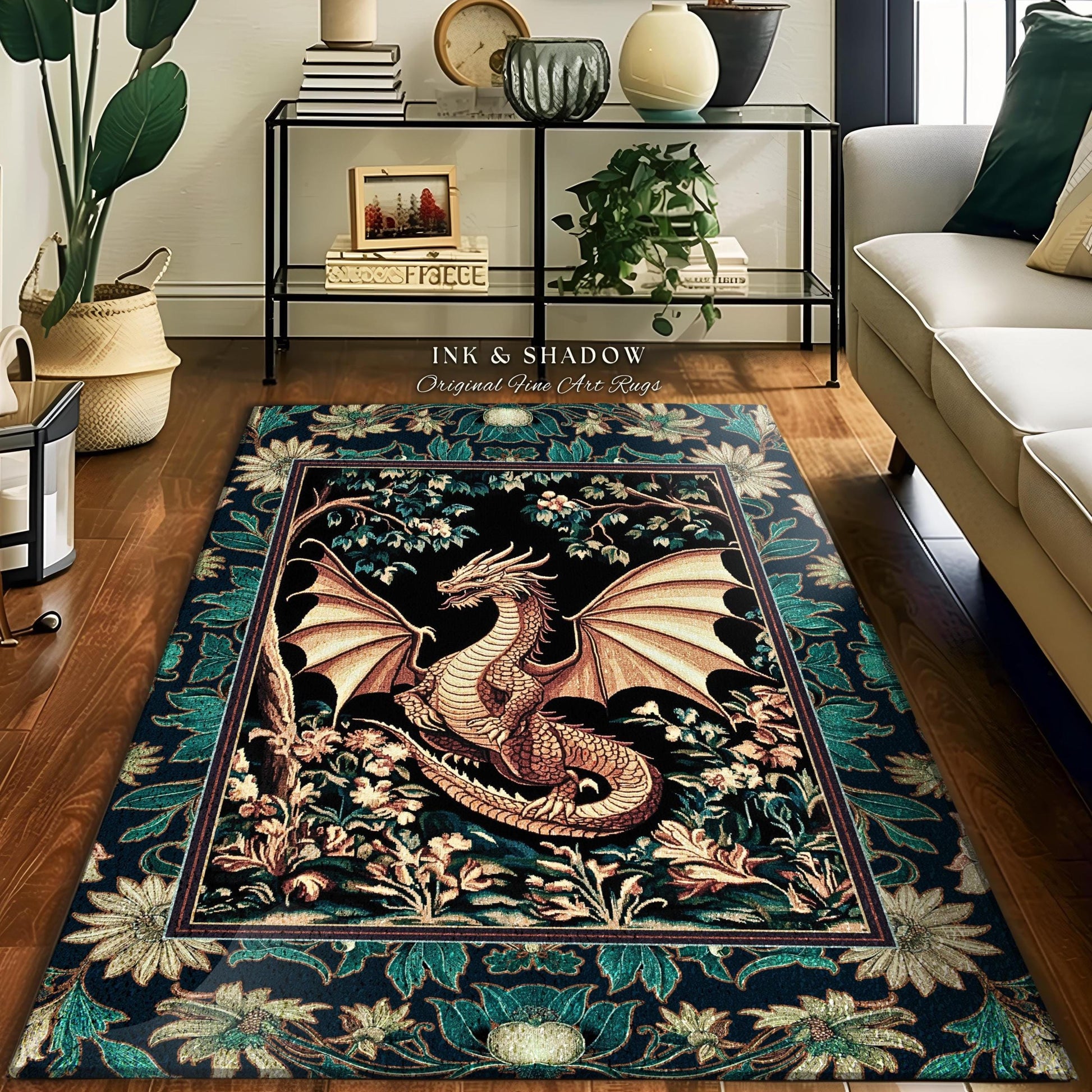 Elegant Golden Dragon Botanical Area Rug | Mystic Florals Medieval Fantasy Bedroom Aesthetic Floral Accent Rug Mythical Creatures Ethereal |