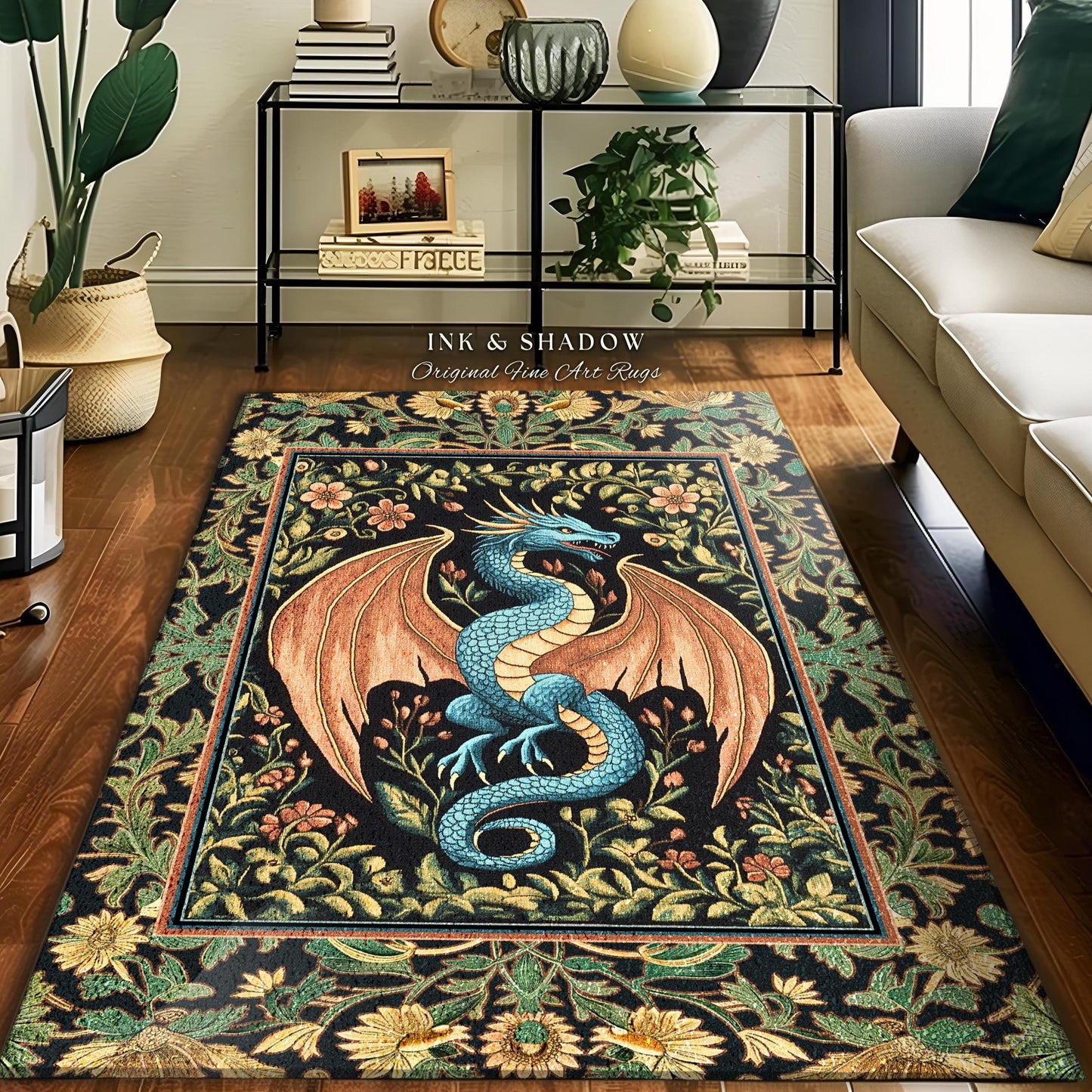 Rustic Dragon Medieval Area Rug | Ethereal Victorian Fantasy Dark Academia Maximalist Aesthetic Tapestry Moody Bedroom Witchy Gothic Accent