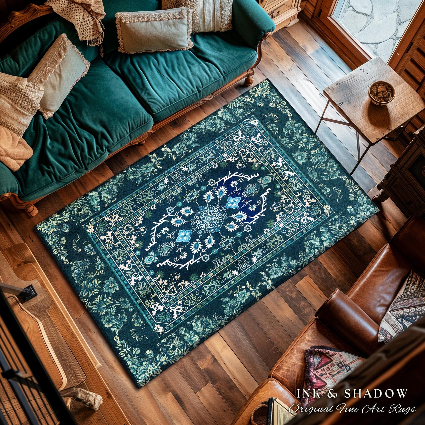 Deep Sea Green Room Accent Rug | Classic Ornate Statement Rug With Blue Green Detail Bohemian Mandala Aesthetic For Cozy Hippie Room Boho |