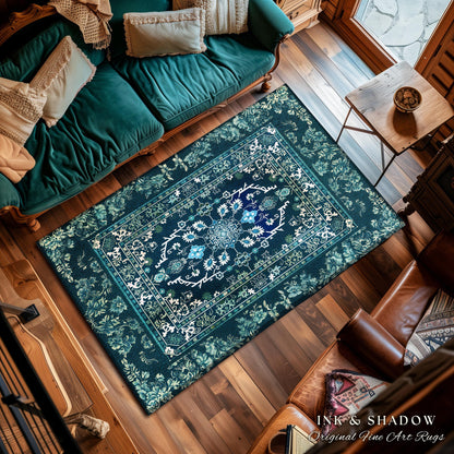 Deep Sea Green Room Accent Rug | Classic Ornate Statement Rug With Blue Green Detail Bohemian Mandala Aesthetic For Cozy Hippie Room Boho |