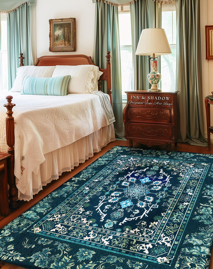 Deep Sea Green Room Accent Rug | Classic Ornate Statement Rug With Blue Green Detail Bohemian Mandala Aesthetic For Cozy Hippie Room Boho |