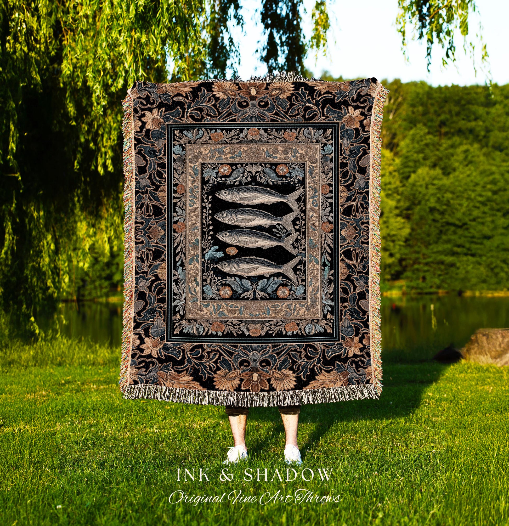 Art Nouveau Nautical Sea Life Tapestry Whimsical Ocean Sardine Fish Blanket, Coastal Dark Academia Rustic Cottagecore Throw Beach Home Decor
