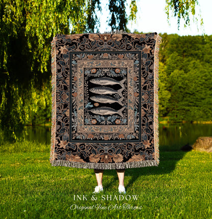 Art Nouveau Nautical Sea Life Tapestry Whimsical Ocean Sardine Fish Blanket, Coastal Dark Academia Rustic Cottagecore Throw Beach Home Decor