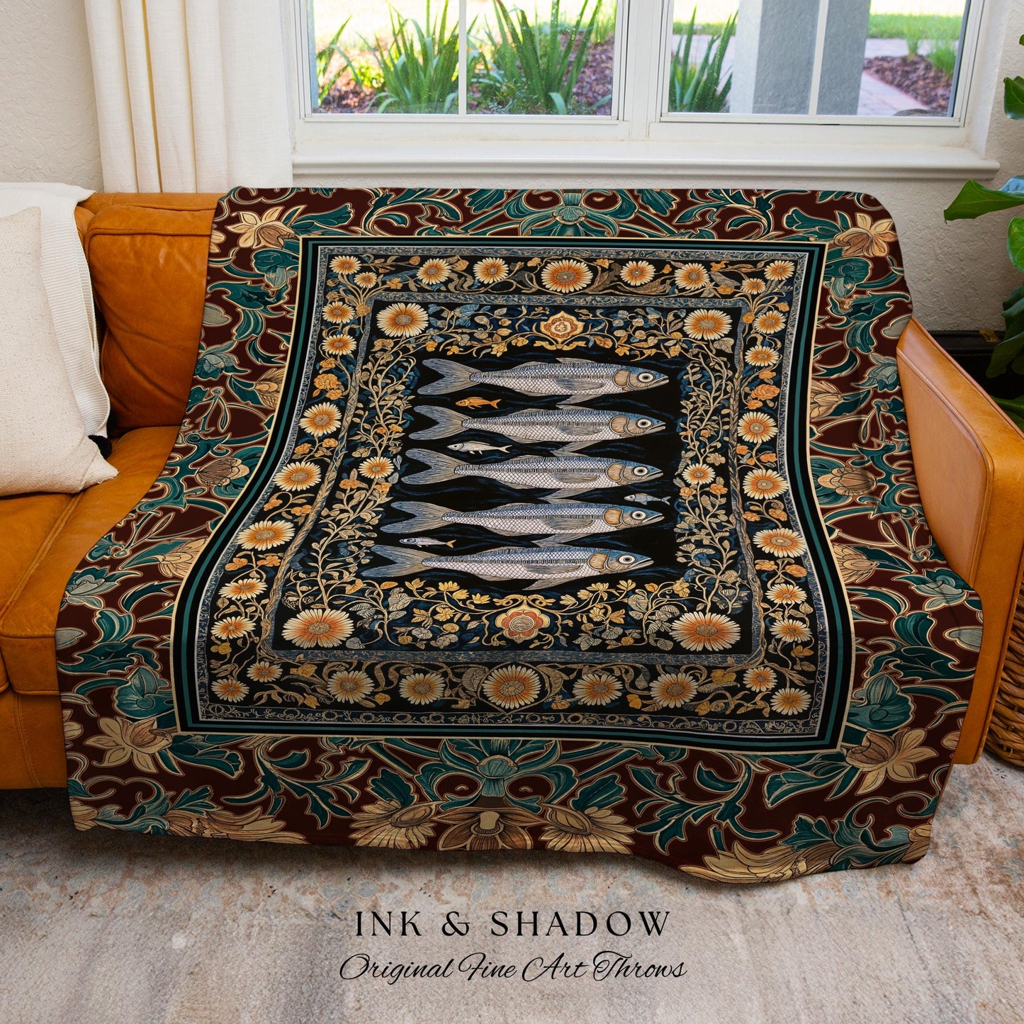 Ethereal Medieval Maritime Fish Tapestry Throw Antique Sardine Art Coastal Cottagecore | Nautical Botanical Ocean Decor Vintage Sea Blanket
