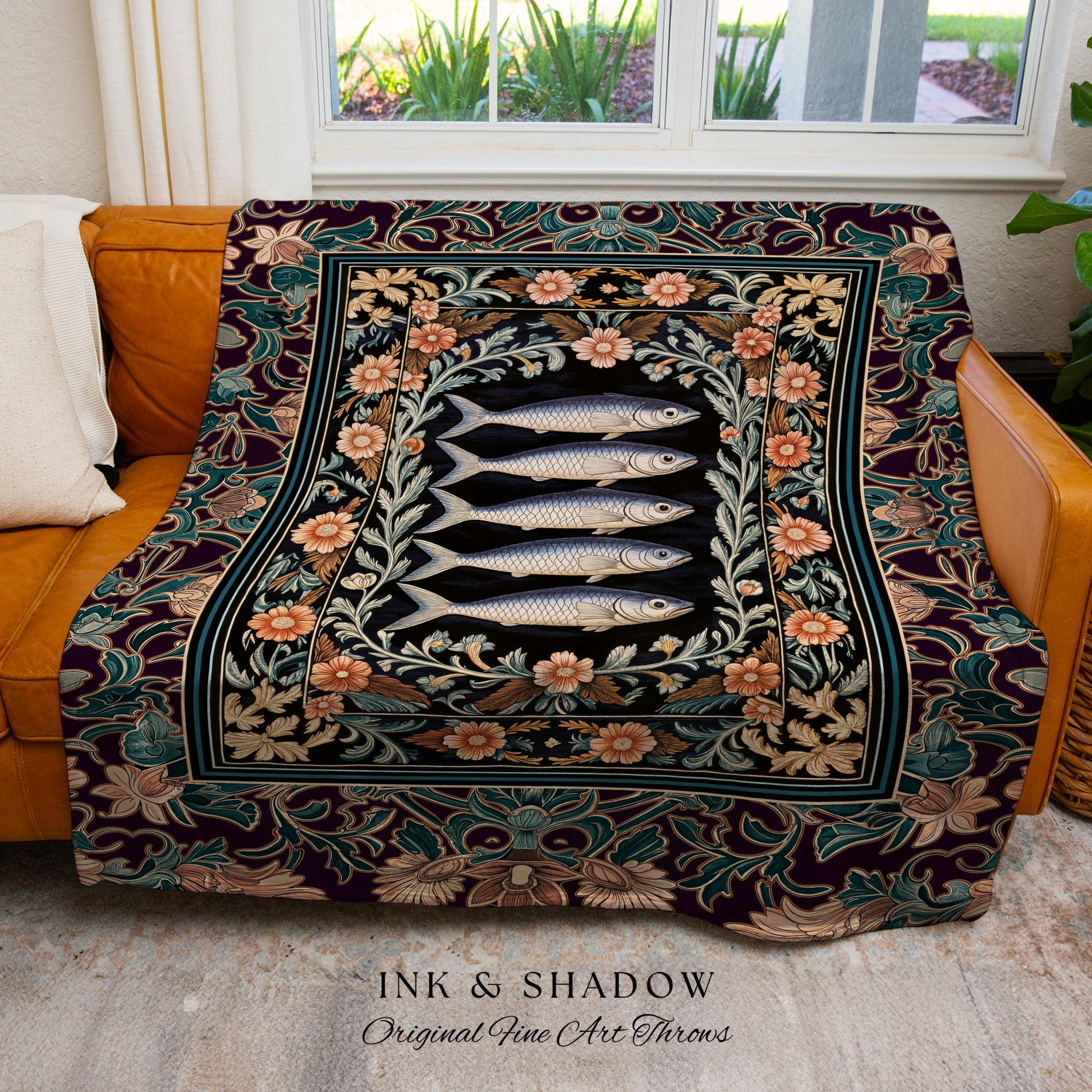 Baroque Ocean Fish Sardine Art Blanket Ornate Coastal Surf Floral Cottagecore, Dark Nautical Academia Vintage Marine Sea Life Tapestry Throw