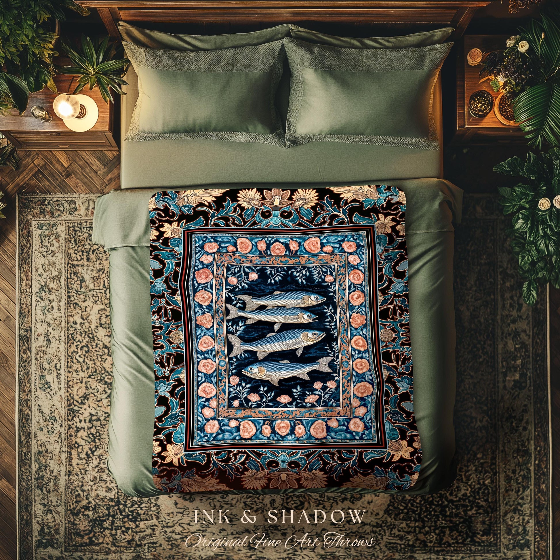 Marine Life Nautical Tapestry Throw Mystic Gothic Fish Art Beach Cottage Decor | Coastal Ocean Rustic Academia Dark Sea Life Woven Blanket