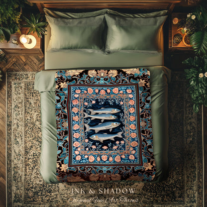 Marine Life Nautical Tapestry Throw Mystic Gothic Fish Art Beach Cottage Decor | Coastal Ocean Rustic Academia Dark Sea Life Woven Blanket