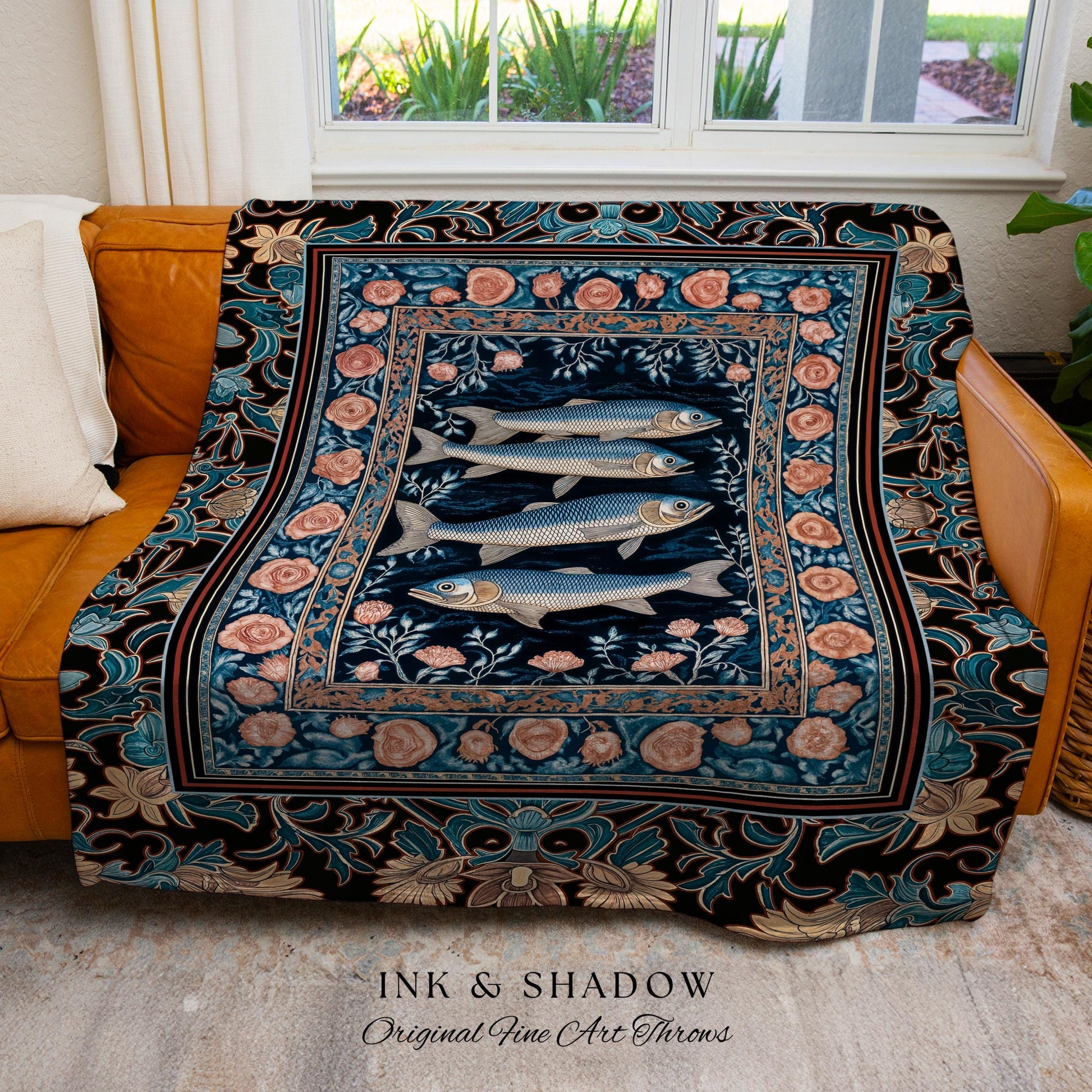 Marine Life Nautical Tapestry Throw Mystic Gothic Fish Art Beach Cottage Decor | Coastal Ocean Rustic Academia Dark Sea Life Woven Blanket