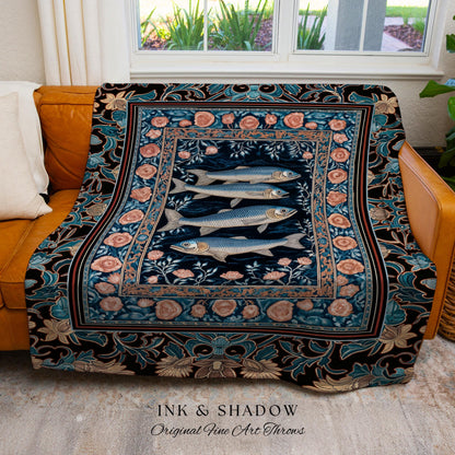 Marine Life Nautical Tapestry Throw Mystic Gothic Fish Art Beach Cottage Decor | Coastal Ocean Rustic Academia Dark Sea Life Woven Blanket