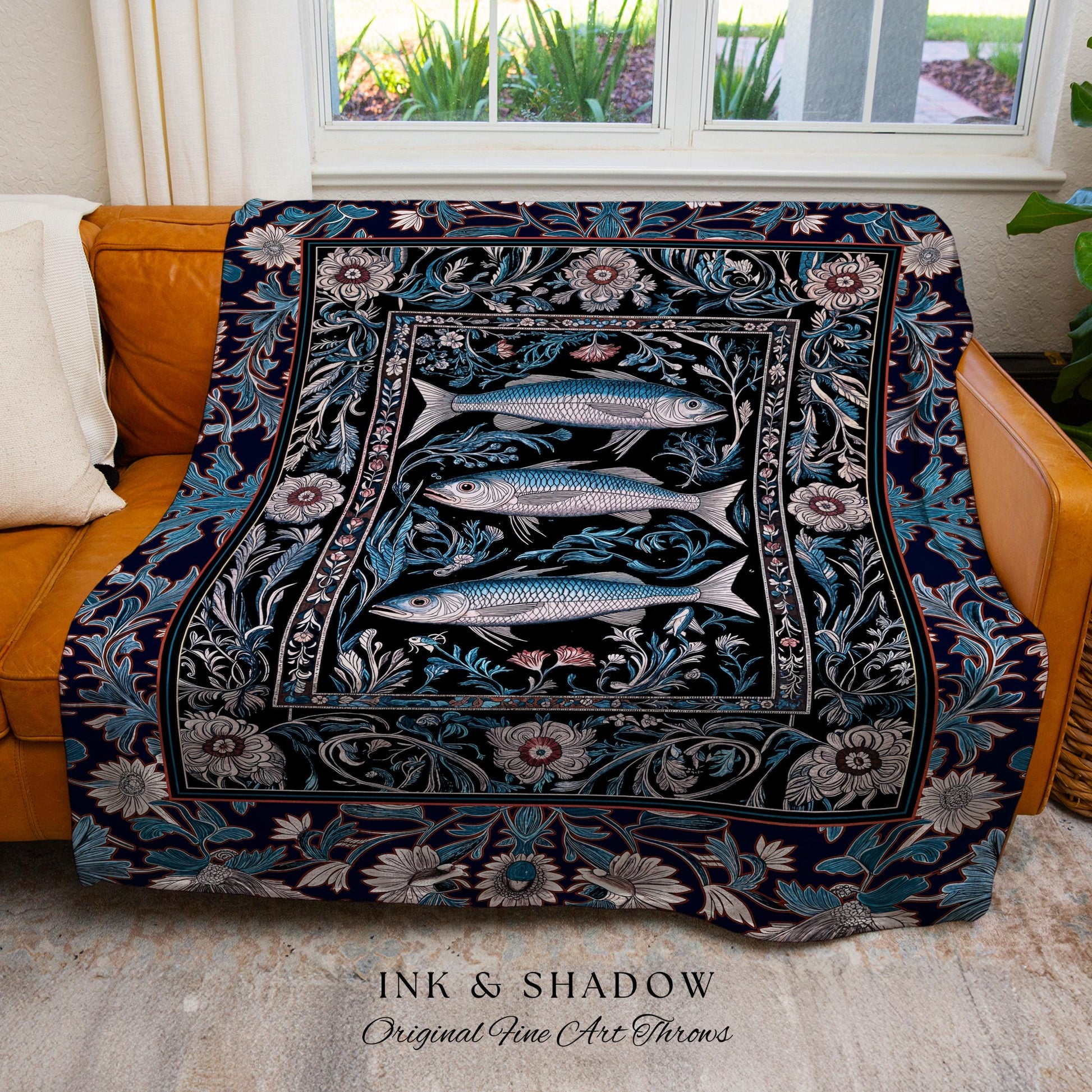 Scandi Nautical Sardine Art Picnic Blanket Dark Academia Marine Ocean Fish Decor, Coastal Nordic Beach Home Rustic Sea Art Cottagecore Throw
