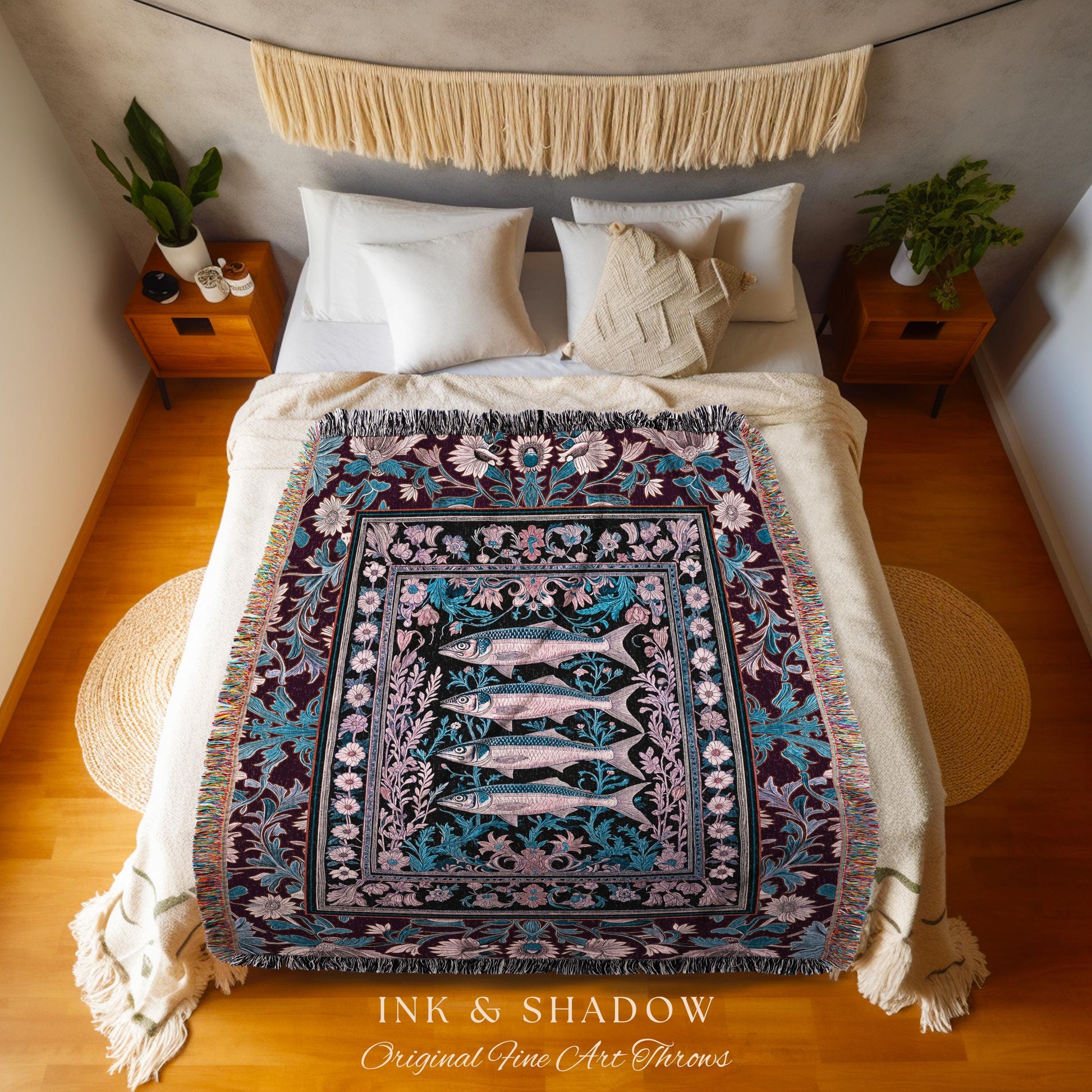 Sardine Blanket Nautical Room Decor Blanket | Marine Life Throw Cozy Tapestry Coastal Wall Art Underwater Design Ocean Inspired Cottagecore