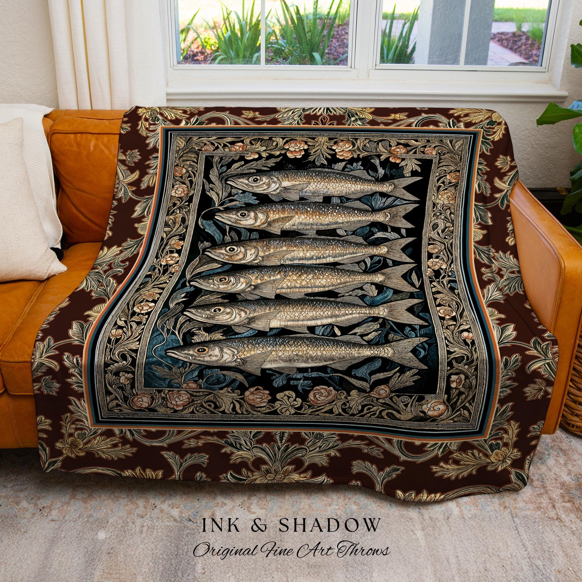 Elegant Nautical Ornate Sardine Tapestry | Nautical Throw Marine Life Decor Coastal Wall Art Ocean Inspired Design Woven Cottagecore Blanket