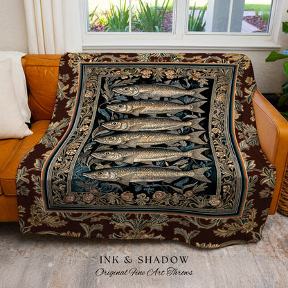 Elegant Nautical Ornate Sardine Tapestry | Nautical Throw Marine Life Decor Coastal Wall Art Ocean Inspired Design Woven Cottagecore Blanket