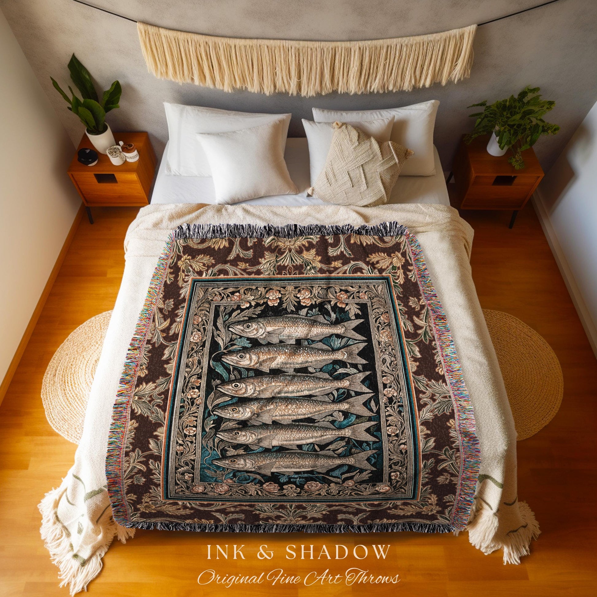 Elegant Nautical Ornate Sardine Tapestry | Nautical Throw Marine Life Decor Coastal Wall Art Ocean Inspired Design Woven Cottagecore Blanket