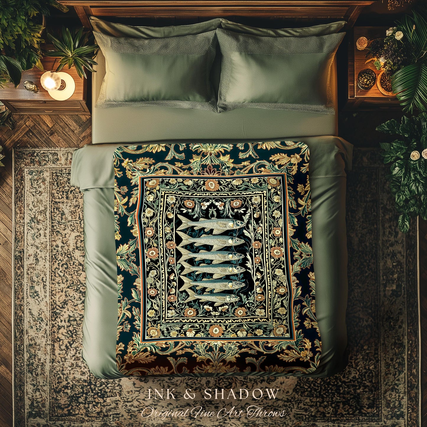 Oceancore Cozy Throw Blanket Sardine | Indie Nautical Tapestry Throw Marine Life Art Vintage Coastal Decor Under the Sea Scene Cottagecore