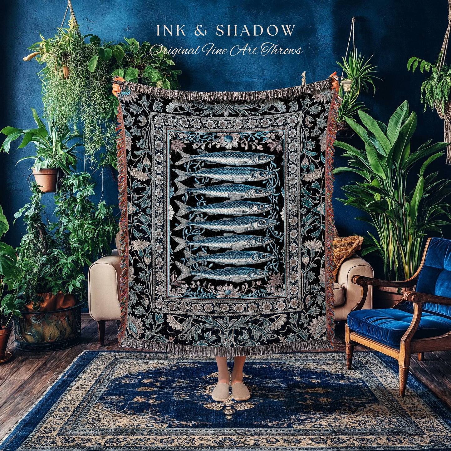 Decorative Sardine Ocean-Inspired Picnic Blanket | Baroque Coastal Art Jacquard Woven Tapestry Moody Nautical Theme Whimsical Style Bedroom