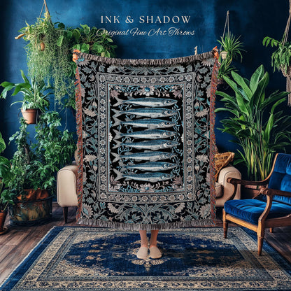 Decorative Sardine Ocean-Inspired Picnic Blanket | Baroque Coastal Art Jacquard Woven Tapestry Moody Nautical Theme Whimsical Style Bedroom