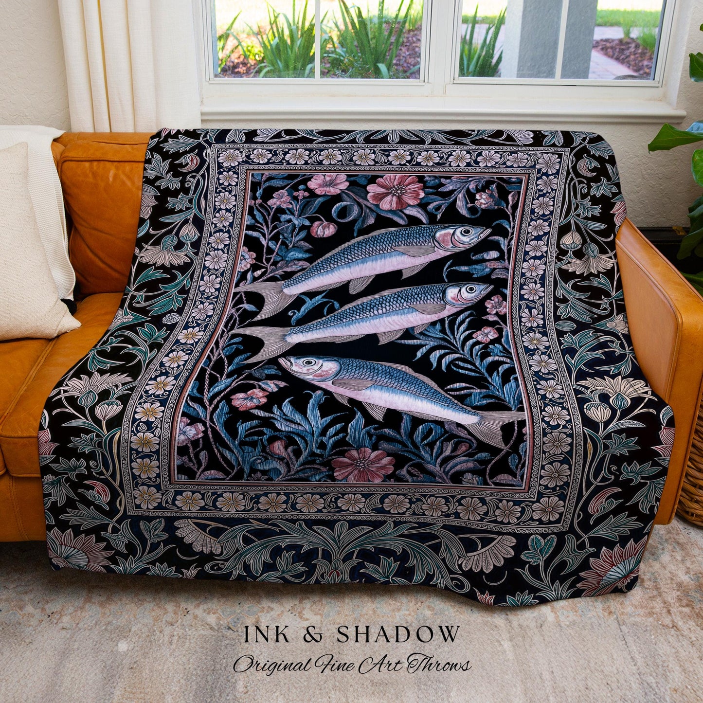 Ornate Coastal Fish Woven Tapestry | Jacquard Throw Blanket Folk Botanical Sardine Design Vintage-Inspired Nautical Decor Eclectic Accent |