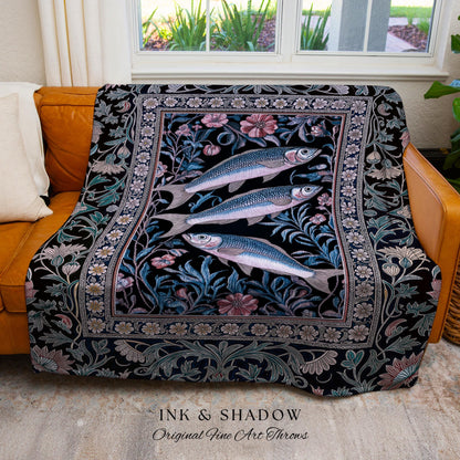 Ornate Coastal Fish Woven Tapestry | Jacquard Throw Blanket Folk Botanical Sardine Design Vintage-Inspired Nautical Decor Eclectic Accent |