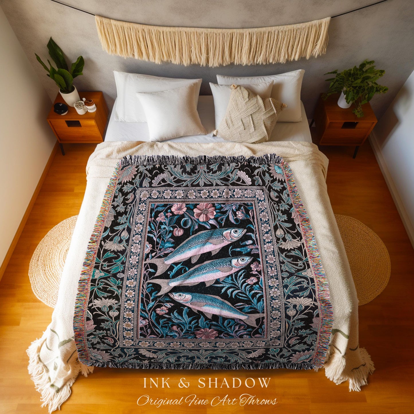 Ornate Coastal Fish Woven Tapestry | Jacquard Throw Blanket Folk Botanical Sardine Design Vintage-Inspired Nautical Decor Eclectic Accent |