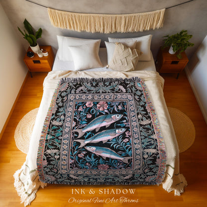Ornate Coastal Fish Woven Tapestry | Jacquard Throw Blanket Folk Botanical Sardine Design Vintage-Inspired Nautical Decor Eclectic Accent |