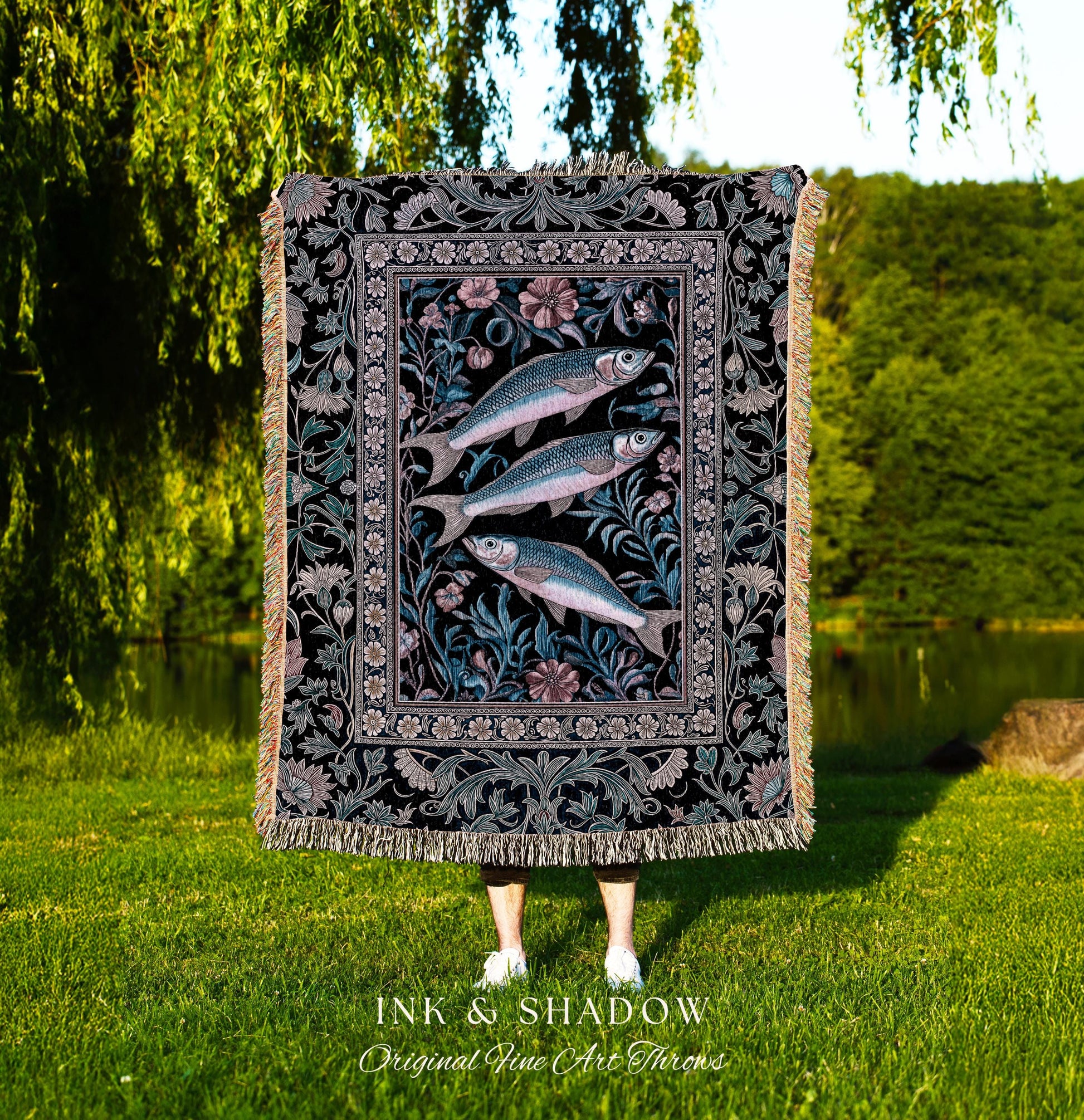 Ornate Coastal Fish Woven Tapestry | Jacquard Throw Blanket Folk Botanical Sardine Design Vintage-Inspired Nautical Decor Eclectic Accent |